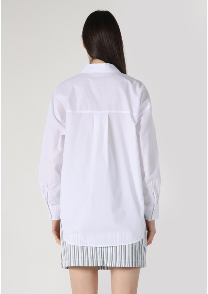 Relaxed Fit Shirt Neck Düz Kadın Beyaz Uzun Kol Gömlek
