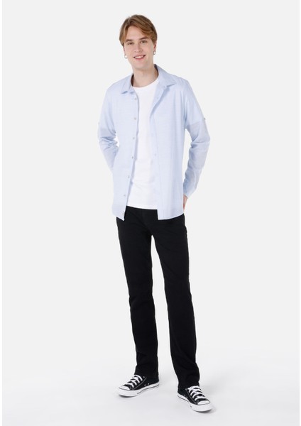 Regular Fit Shirt Neck Düz Erkek Mavi Roll-up Gömlek