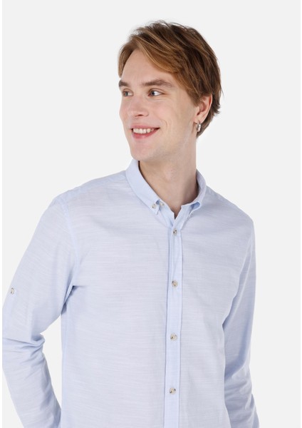Regular Fit Shirt Neck Düz Erkek Mavi Roll-up Gömlek