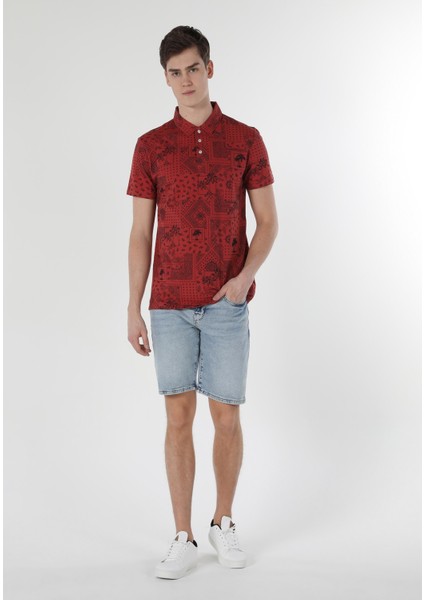 Regular Fit Polo Yaka Baskılı Erkek Kahverengi Kısa Kol Tişört