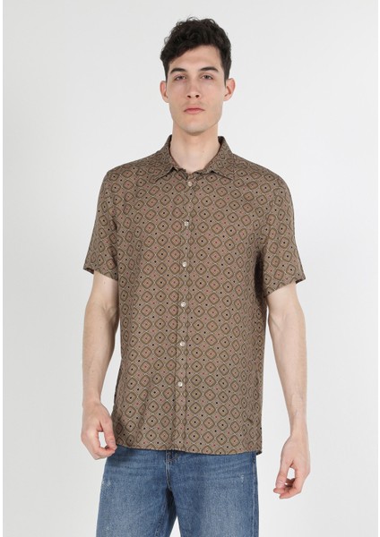 Regular Fit Shirt Neck Baskılı Erkek Bej Kısa Kol Gömlek