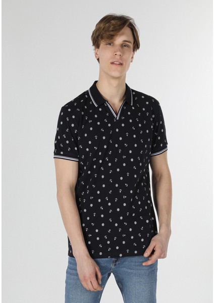 Regular Fit Polo Yaka Baskılı Erkek Lacivert Kısa Kol Tişört fiyatları