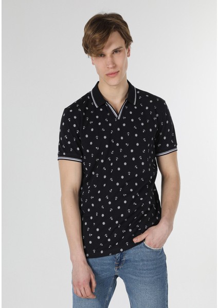 Regular Fit Polo Yaka Baskılı Erkek Lacivert Kısa Kol Tişört modelleri