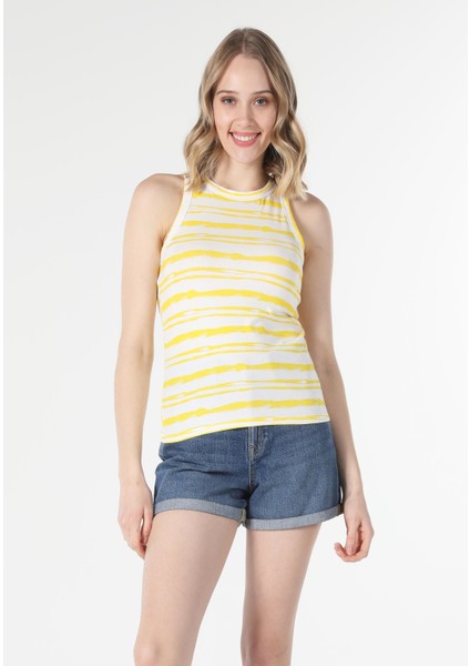 Slim Fit Çizgili Sarı Kadın Atlet