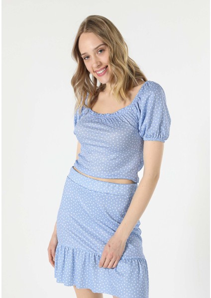 Slim Fit Derin Yuvarlak Yaka Kadın Mavi Kısa Kol Tişört