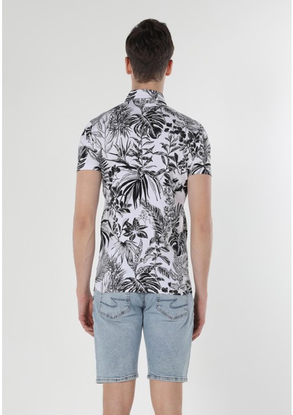 Slim Fit Polo Yaka Çiçekli Erkek Beyaz Kısa Kol Tişört fiyatları