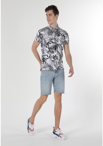 Slim Fit Polo Yaka Çiçekli Erkek Beyaz Kısa Kol Tişört fırsatları