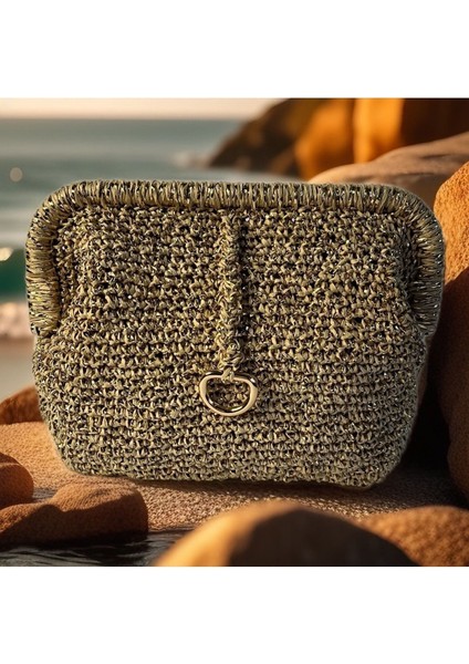 Altın Renkli Simli Abiye Clutch , Portföy Çanta, Astarlı , El Yapımı, Elde Örme, Metal Gizli Burslu