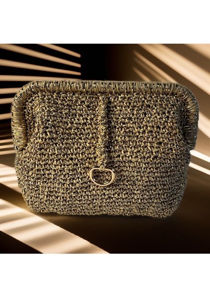 Altın Renkli Simli Abiye Clutch , Portföy Çanta, Astarlı , El Yapımı, Elde Örme, Metal Gizli Burslu indirimleri