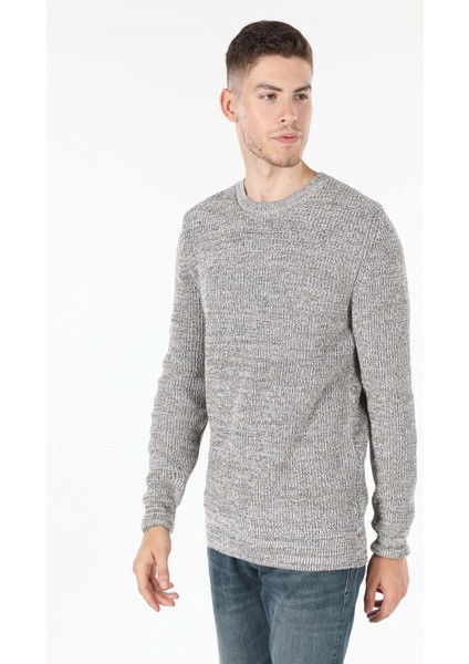 Slim Fit Yuvarlak Yaka Jakarlı Erkek Bej Kazak