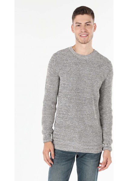 Slim Fit Yuvarlak Yaka Jakarlı Erkek Bej Kazak