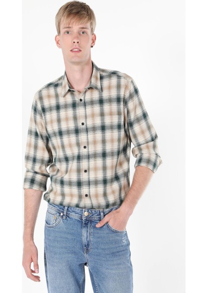 Regular Fit Shirt Neck Ekoseli Erkek Yeşil Uzun Kol Gömlek