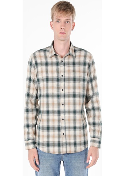 Regular Fit Shirt Neck Ekoseli Erkek Yeşil Uzun Kol Gömlek