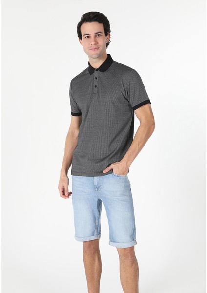 Regular Fit Polo Yaka Jakarlı Erkek Antrasit Kısa Kol Tişört