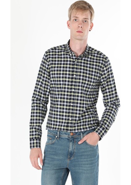 Slim Fit Shirt Neck Ekoseli Erkek Lacivert Uzun Kol Gömlek