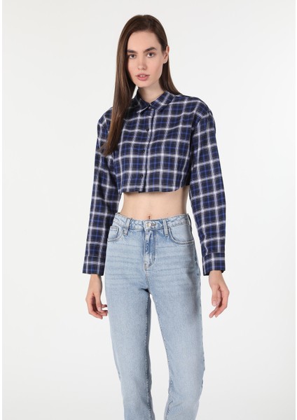 Regular Fit Shirt Neck Ekoseli Kadın Lacivert Uzun Kol Gömlek modelleri