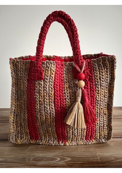 Kırmızı Çizgili El Örgüsü Astarlı, Püskül Ve Tahta Boncuk Aksesuarlı Günlük, Plaj , Tatil Çantası