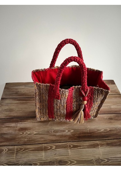 Kırmızı Çizgili El Örgüsü Astarlı, Püskül Ve Tahta Boncuk Aksesuarlı Günlük, Plaj , Tatil Çantası fiyatları