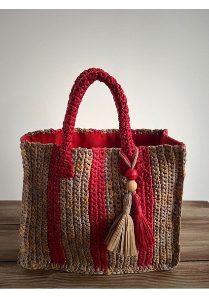 Kırmızı Çizgili El Örgüsü Astarlı, Püskül Ve Tahta Boncuk Aksesuarlı Günlük, Plaj , Tatil Çantası modelleri