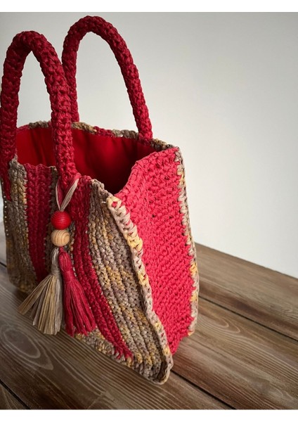 Kırmızı Çizgili El Örgüsü Astarlı, Püskül Ve Tahta Boncuk Aksesuarlı Günlük, Plaj , Tatil Çantası fırsatları