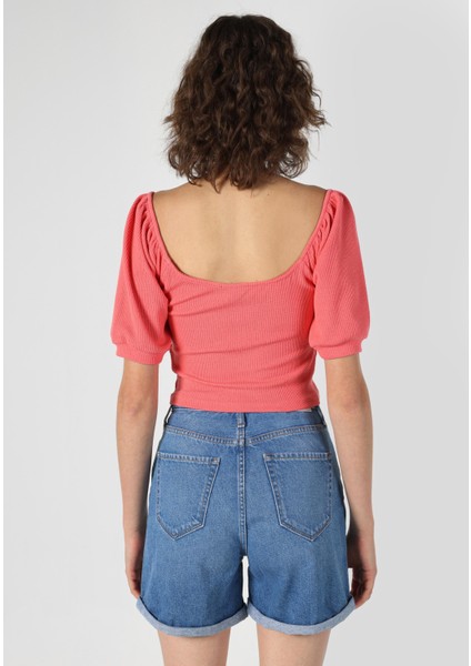 Slim Fit Derin Yuvarlak Yaka Jakarlı Kadın Pembe Kısa Kol Tişört fiyatları