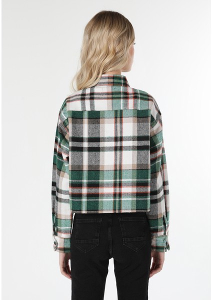 Regular Fit Shirt Neck Ekoseli Kadın Yeşil Uzun Kol Gömlek