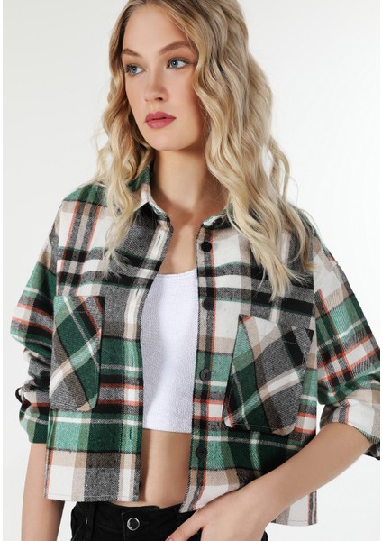 Regular Fit Shirt Neck Ekoseli Kadın Yeşil Uzun Kol Gömlek