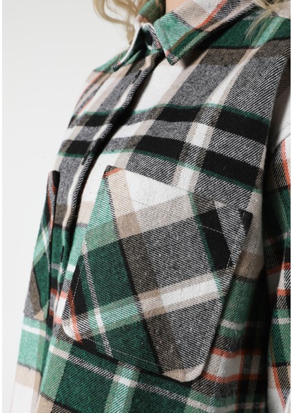 Regular Fit Shirt Neck Ekoseli Kadın Yeşil Uzun Kol Gömlek