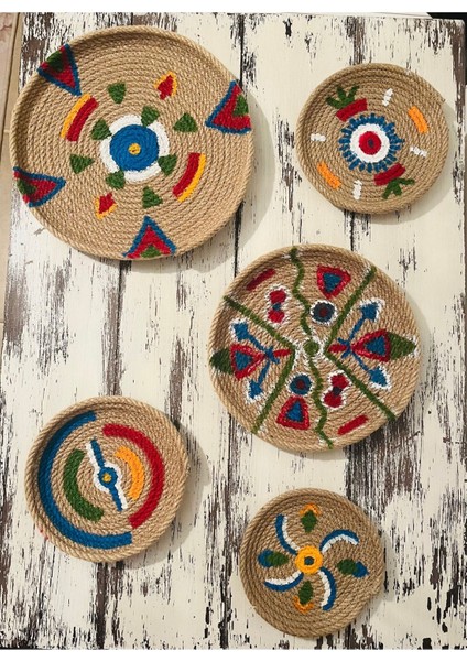 Bohem 5 Li Modern Afrikan Tabak Seti Jüt Hasır Dikişli El Yapımı