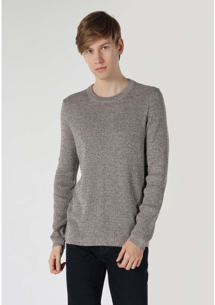 Slim Fit Yuvarlak Yaka Jakarlı Erkek Kahverengi Kazak
