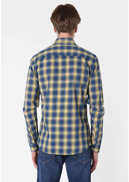 Slim Fit Shirt Neck Ekoseli Erkek Mavi Uzun Kol Gömlek fiyatları