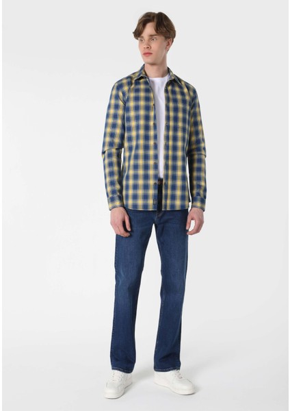Slim Fit Shirt Neck Ekoseli Erkek Mavi Uzun Kol Gömlek modelleri