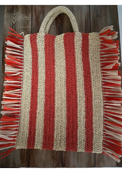 Krem Ve Turuncu Renkli, El Yapımı, El Örgüsü Çanta, Yanları Püsküllü Tasarım El Çantası