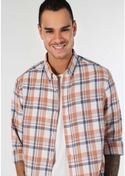 Regular Fit Shirt Neck Ekoseli Erkek Turuncu Uzun Kol Gömlek