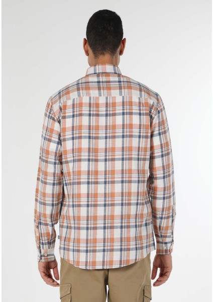 Regular Fit Shirt Neck Ekoseli Erkek Turuncu Uzun Kol Gömlek
