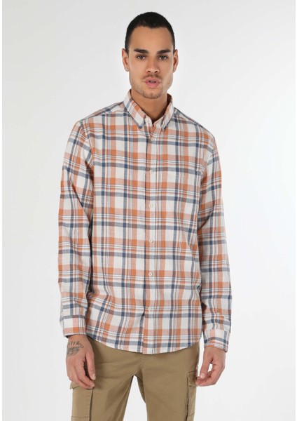 Regular Fit Shirt Neck Ekoseli Erkek Turuncu Uzun Kol Gömlek