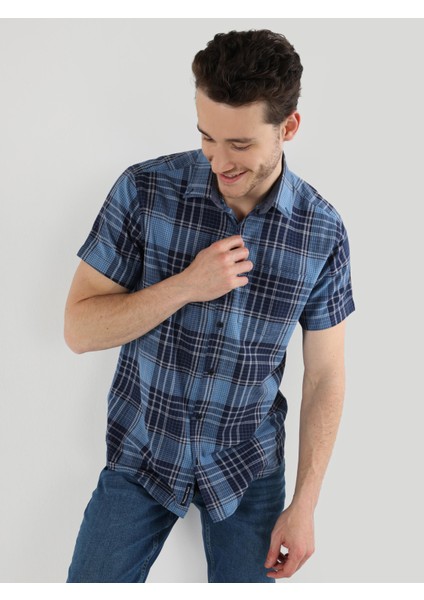 Regular Fit Shirt Neck Ekoseli Erkek Lacivert Kısa Kol Gömlek Cl1063184