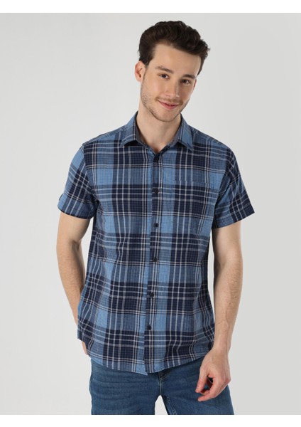 Regular Fit Shirt Neck Ekoseli Erkek Lacivert Kısa Kol Gömlek Cl1063184