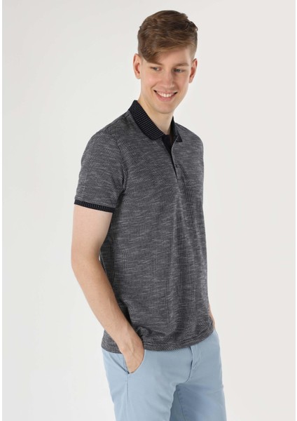 Regular Fit Polo Yaka Jakarlı Erkek Lacivert Kısa Kol Tişört