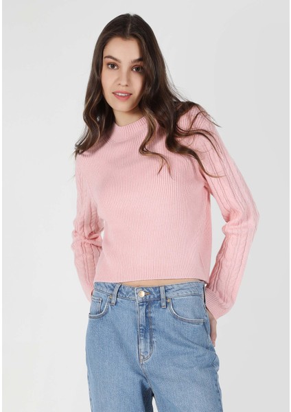 Regular Fit Yarım Balıkçı Yaka Jakarlı Kadın Pembe Kazak