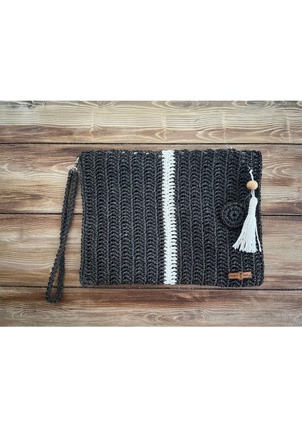 Siyah ve Beyaz Clutch , Portföy, El Yapımı, Astarlı, Tahta Boncuk, Çiçek ve Püskül Aksesuarlı Çanta
