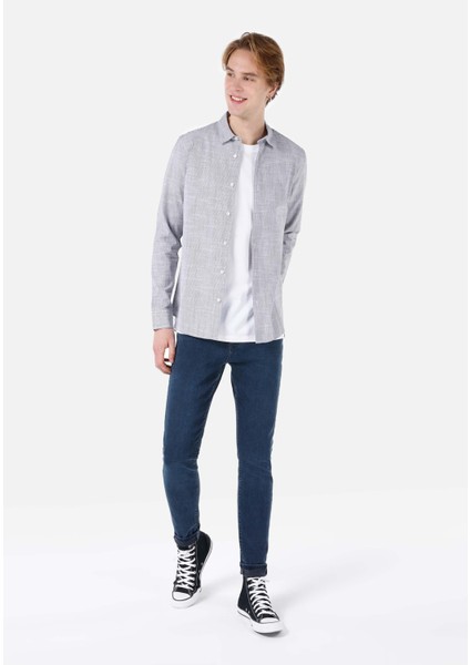 Slim Fit Shirt Neck Düz Erkek Lacivert Uzun Kol Gömlek Cl1062631 modelleri