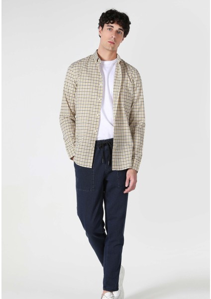 Slim Fit Shirt Neck Ekoseli Erkek Sari Uzun Kol Gömlek modelleri