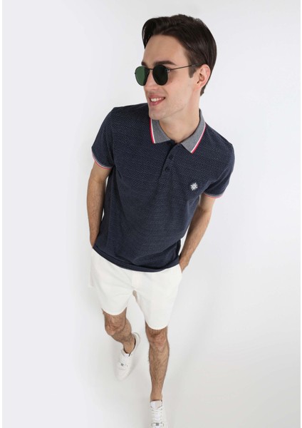 Regular Fit Polo Yaka Jakarlı Erkek Lacivert Kısa Kol Tişört modelleri