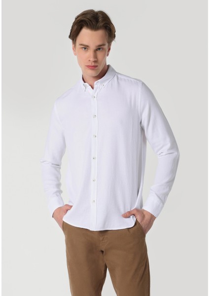 Slim Fit Shirt Neck Düz Erkek Beyaz Uzun Kol Gömlek
