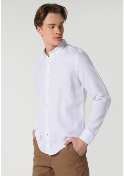 Slim Fit Shirt Neck Düz Erkek Beyaz Uzun Kol Gömlek