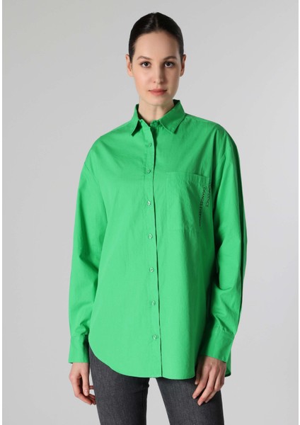 Relax Fit Shirt Neck Düz Kadın Yeşil Uzun Kol Gömlek indirimleri