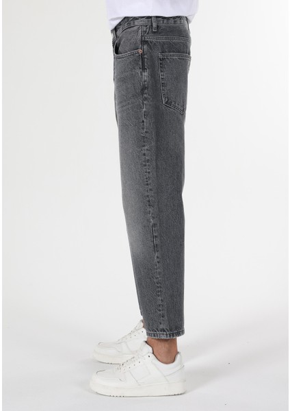 Loose Relaxed Fit Drop Crotch Kısa Paça Erkek Gri Jean Pantolon