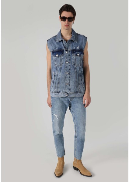 Oversize Fit Klasik Yaka Düğmeli Astarsız Erkek Mavi Yelek