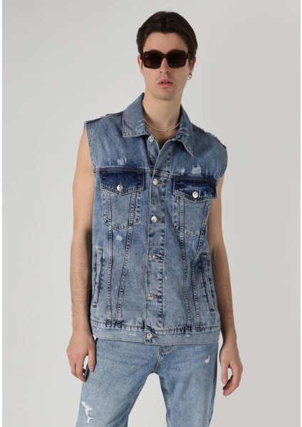 Oversize Fit Klasik Yaka Düğmeli Astarsız Erkek Mavi Yelek
